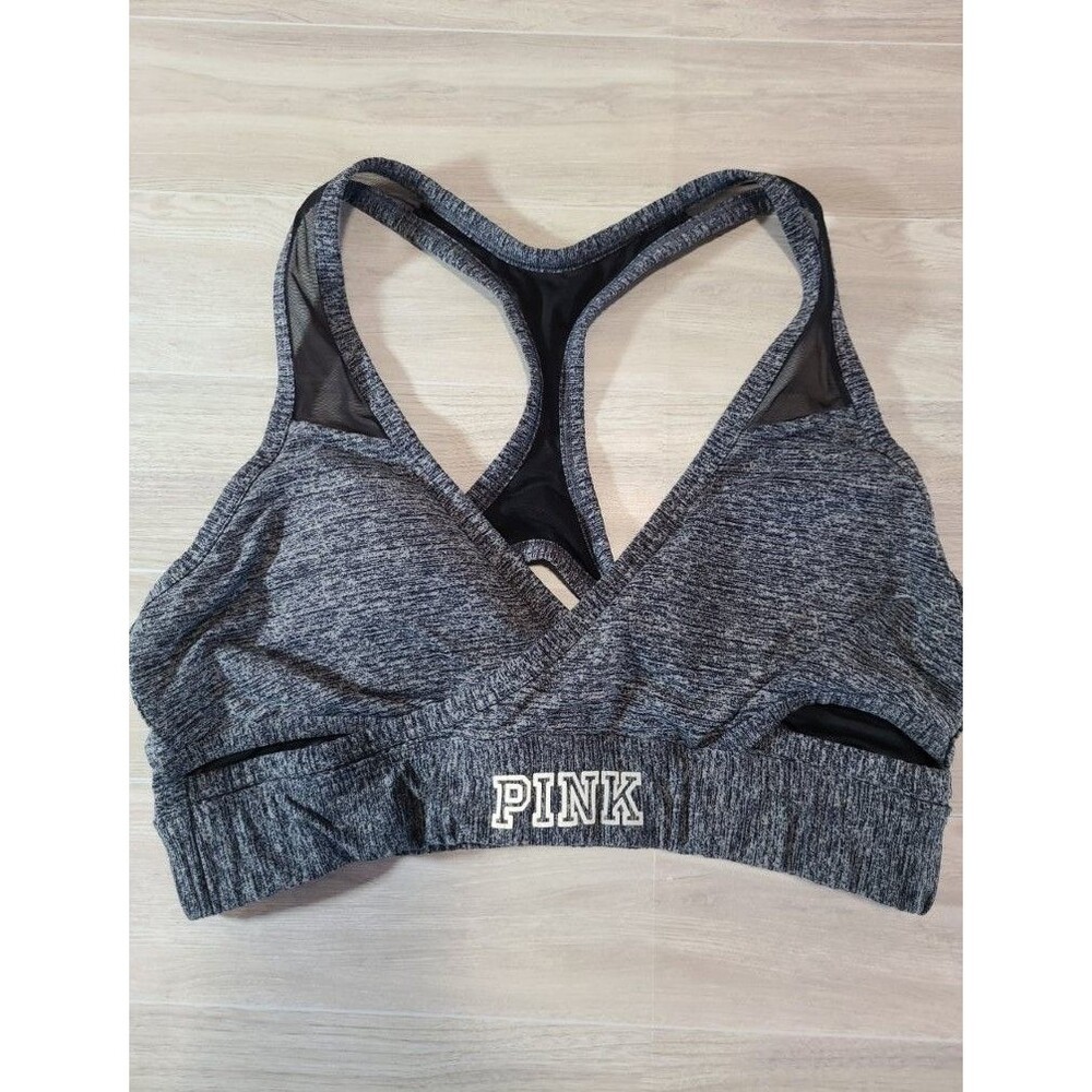 PINK Victoria’s Secret Sports Bra Medium Gray Racerback Mesh Logo Band Athletic